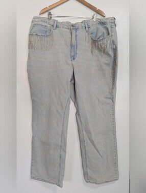 Good American Light Wash Rhinestone Fringe Pocket Jeans Size 26